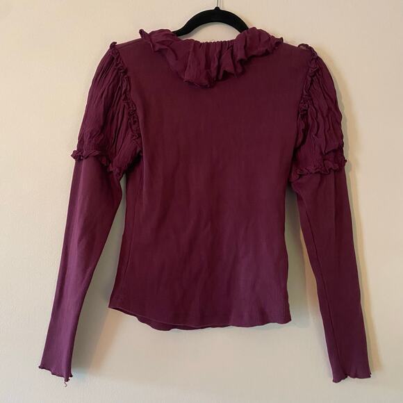 Anthropologie Plum Purple Ribbed Ruffle Long Sleeve Shirt Women's size Medium - Picture 6 of 9